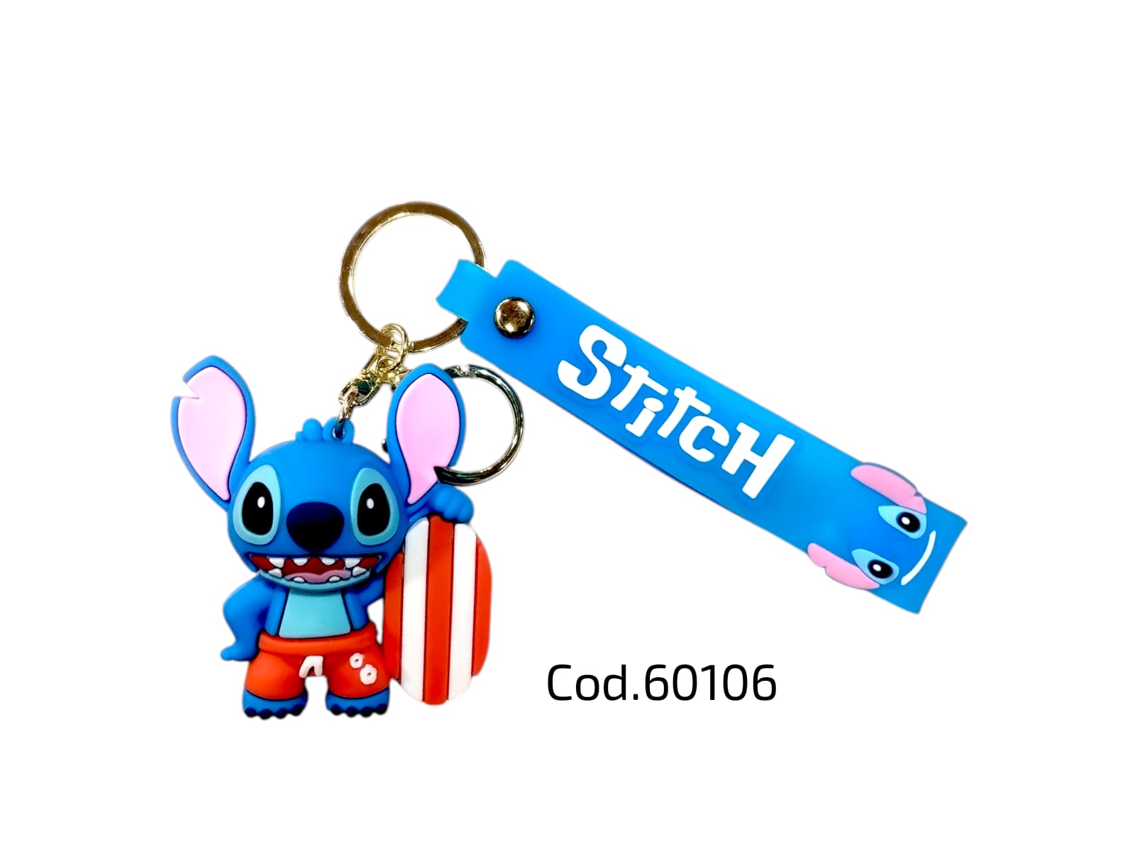 Llavero de goma stitch con tabla de surf 