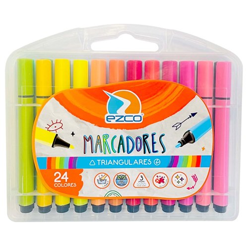 Marcadores ezco triangulares en valija x24 colores