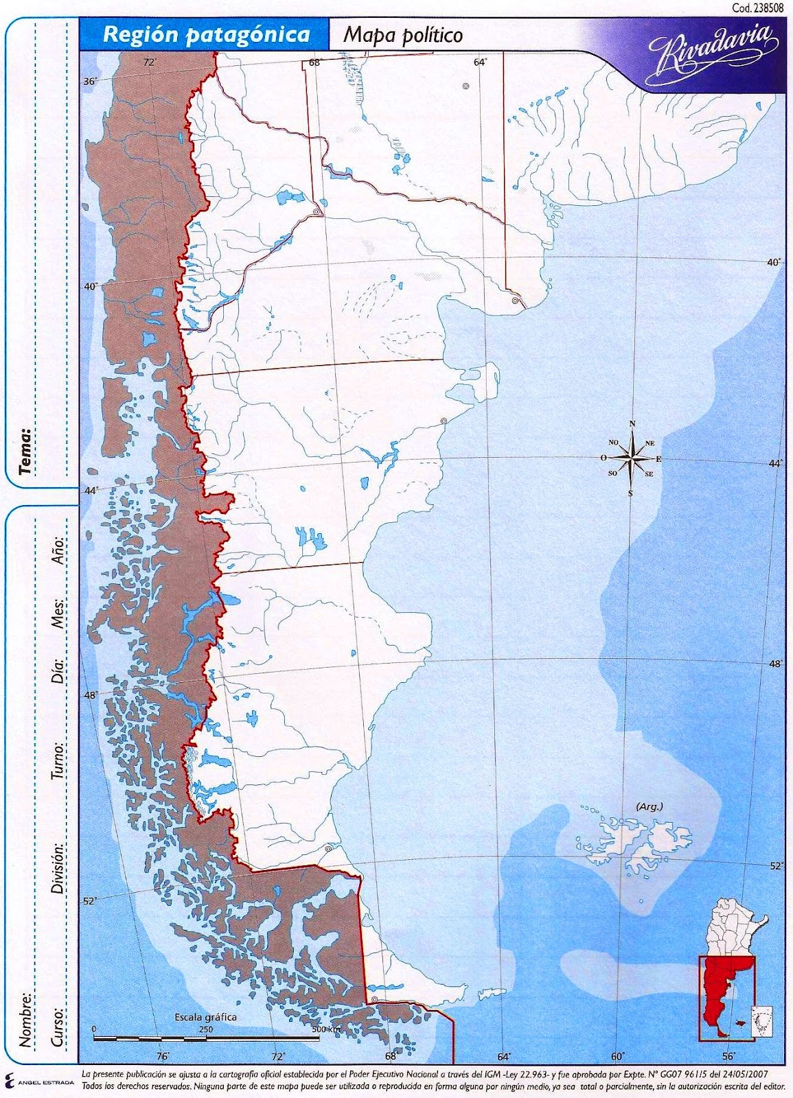 Mapa rivadavia nro 3 region patagonica politico 