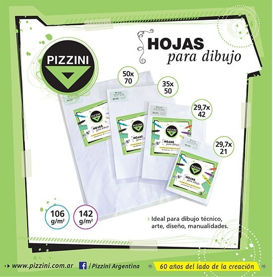 Hoja pizzini dibujo a4 297x210mm.  150g.