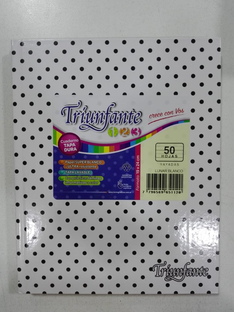 Cuaderno triunfante nro3 blanco lunares negros 