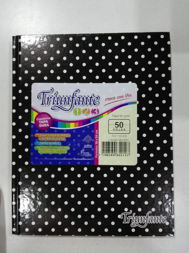 Cuaderno triunfante nro3 negro lunares  blancos 