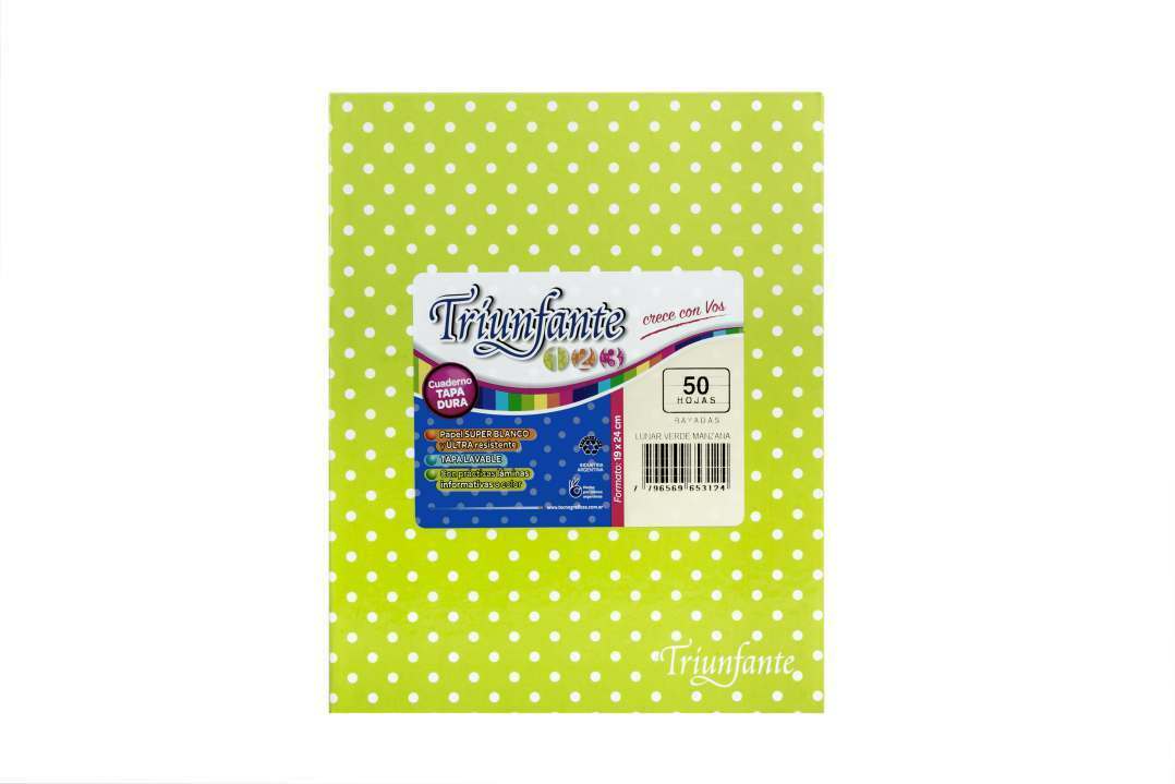 Cuaderno triunfante nro 3 verde manzana lunares blancos 