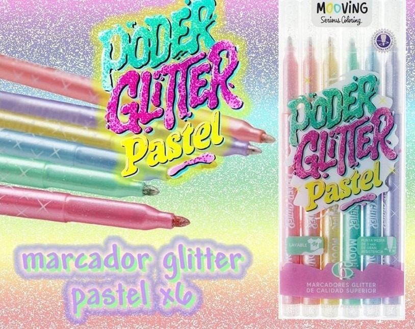 Marcador mooving glitter pastel x 6
