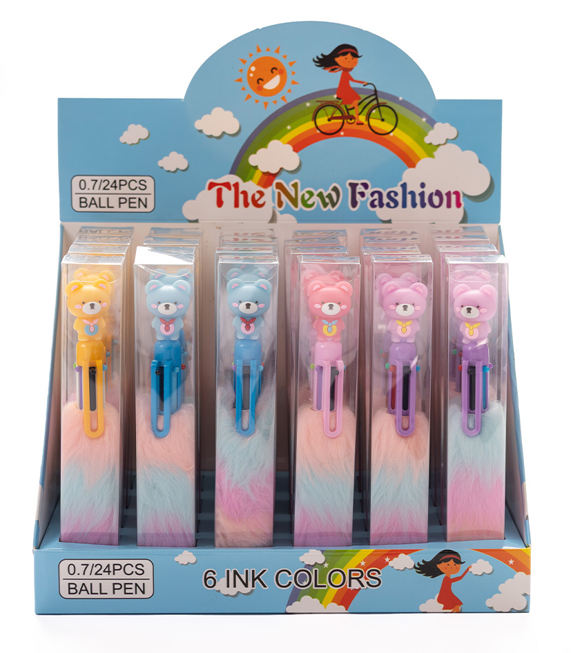 Lapicera multipaper retractil osito con peluche x6 colores