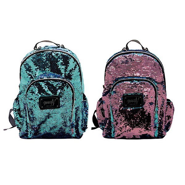 Mochila muaa espalda 16" con lentejuelas turqueza y rosa